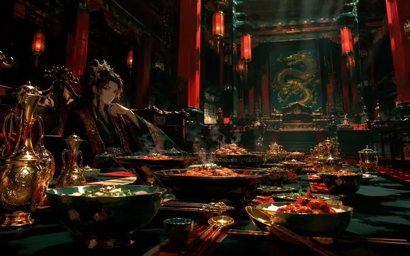 追剧专题《深宫夜宴档》头图，霓虹夜色中的宫殿夜宴